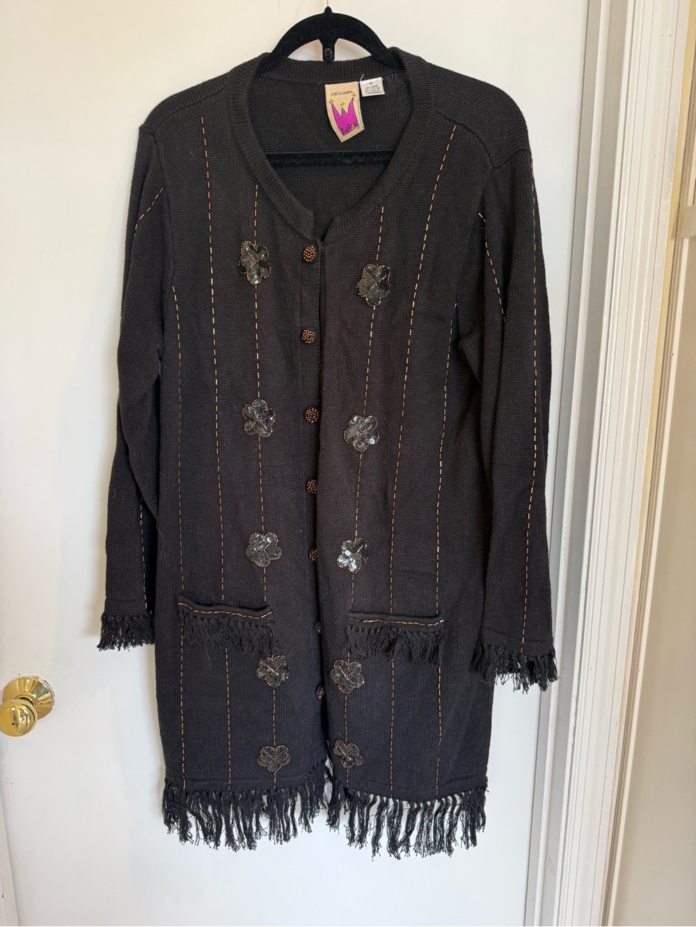 Vintage beaded black Long Knit Cardigan  by “Original Anthony”
